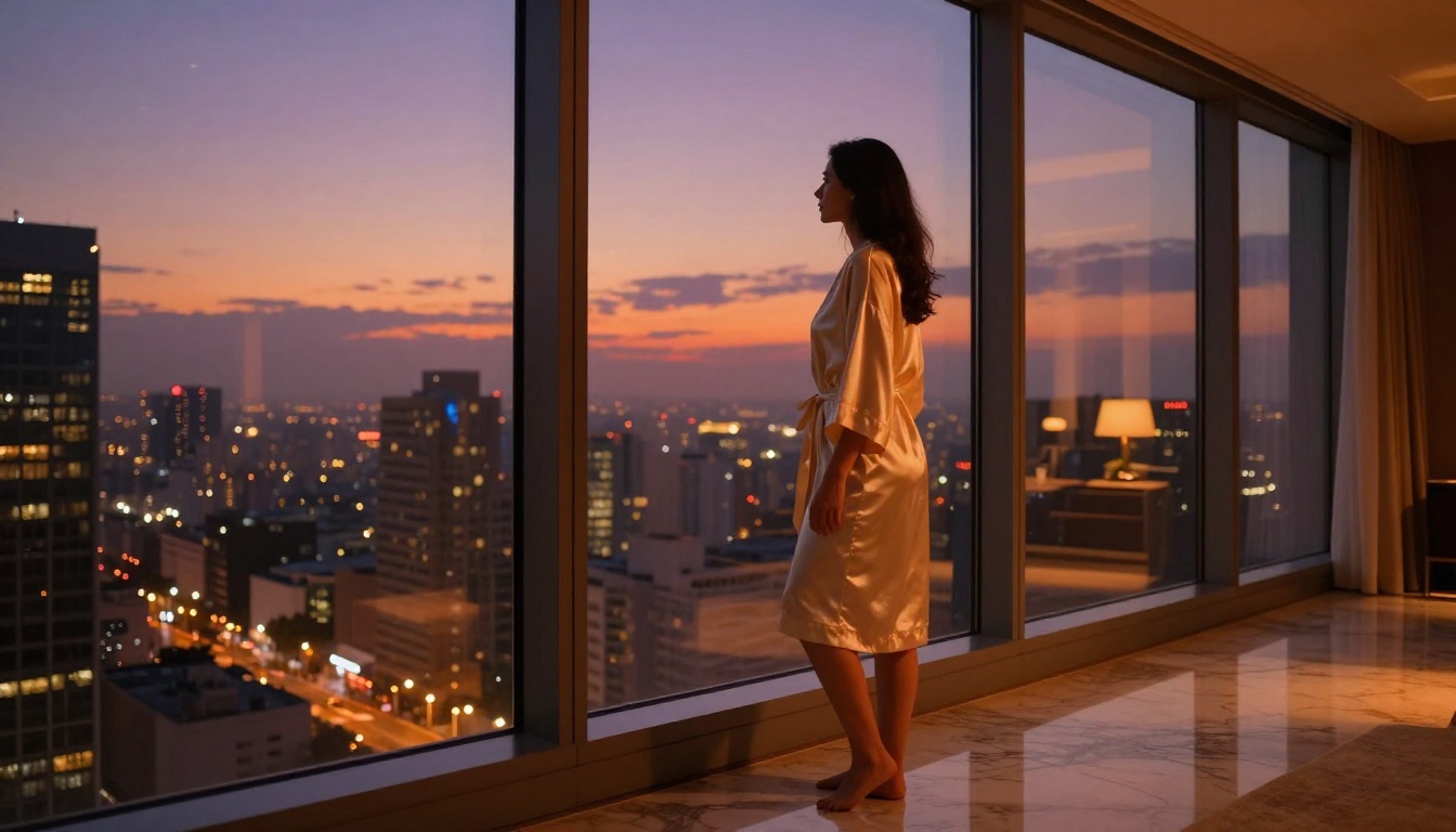 A woman in a cream silk robe gazing out floor-to-ceiling penthouse windows at a glittering city skyline at dusk