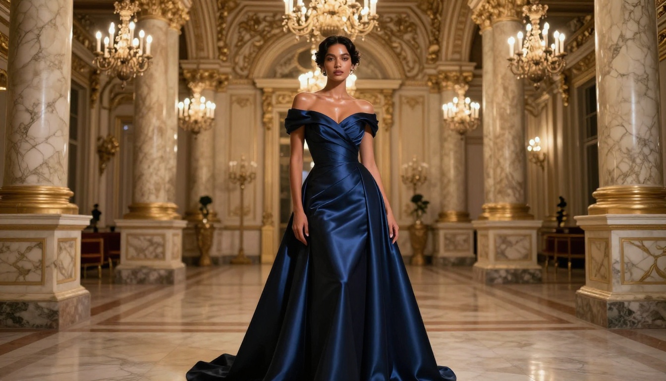 Woman in floor-length navy blue satin gown in ornate European ballroom, warm chandelier light on marble floor Woman in floor-length navy blue satin gown in ornate European ballroom, warm chandelier light on marble floor