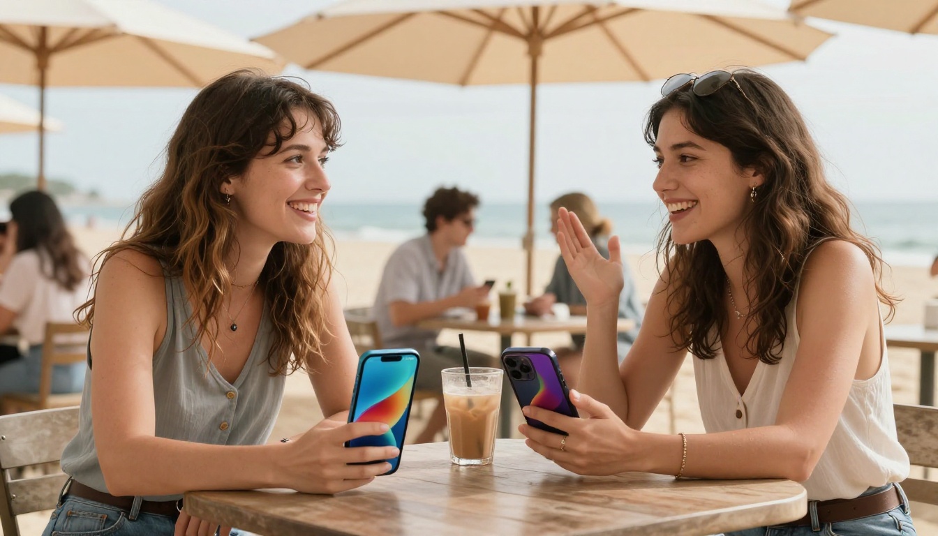 Two women at beach cafe table comparing smartphones showing vibrant AI-generated images, laughing in natural daylight