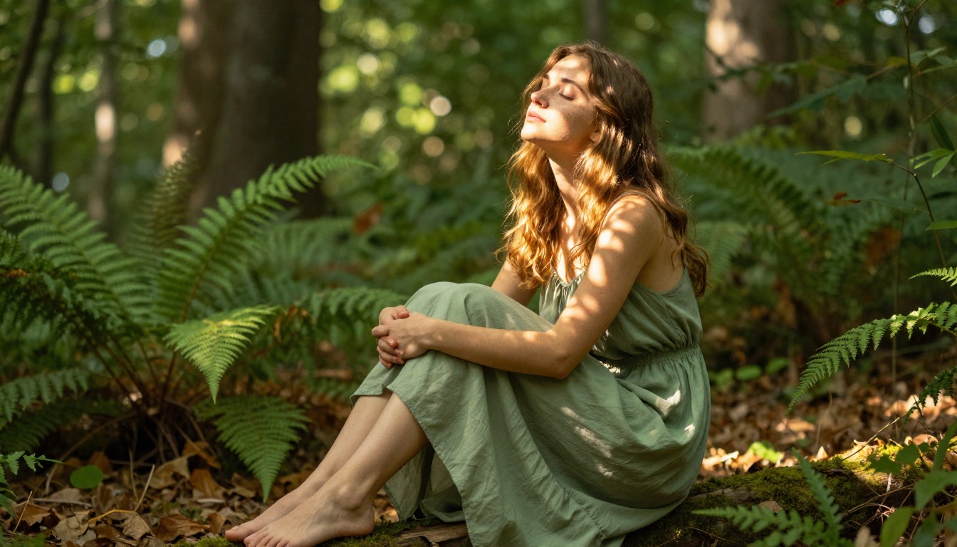 Woman photographed in sun-dappled forest glade, sage green summer dress, natural fair skin with freckles, luminous green bokeh Woman photographed in sun-dappled forest glade, sage green summer dress, natural fair skin with freckles, luminous green bokeh