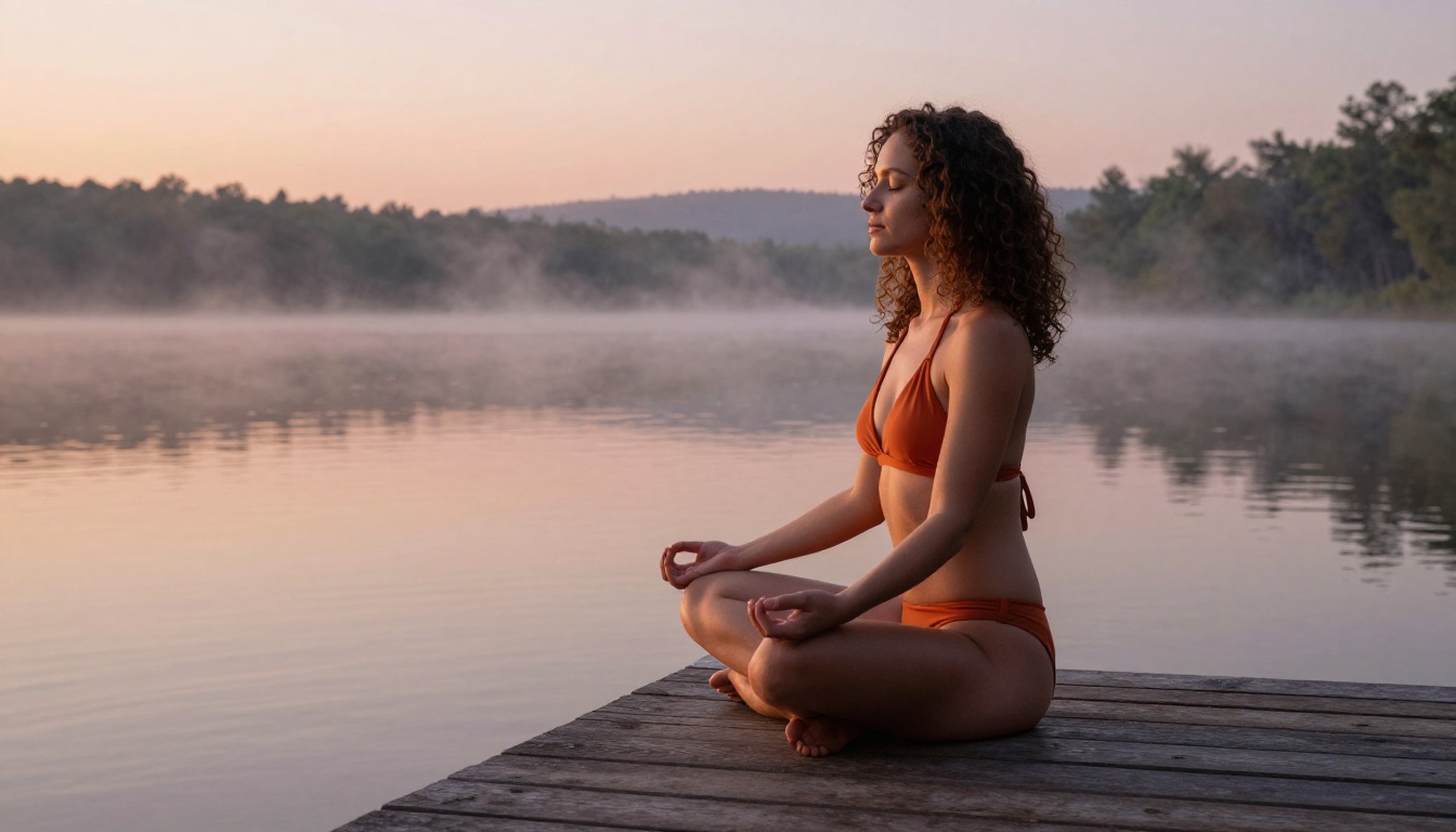 Woman with curly hair in burnt-orange bikini sitting on wooden pier at sunrise over misty lake with soft peach and lavender sky