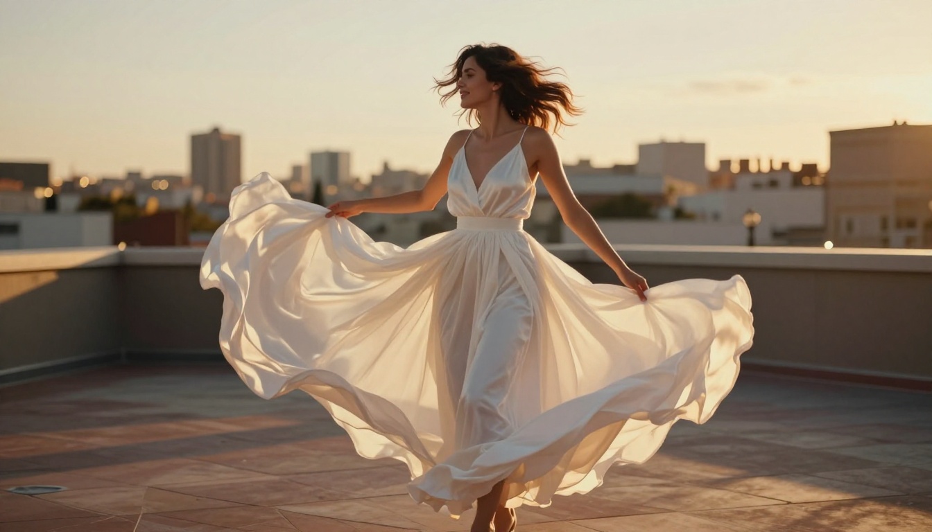 Woman in flowing white silk dress caught mid-spin on a rooftop terrace, golden hour city skyline bokeh behind her Woman in flowing white silk dress caught mid-spin on a rooftop terrace, golden hour city skyline bokeh behind her
