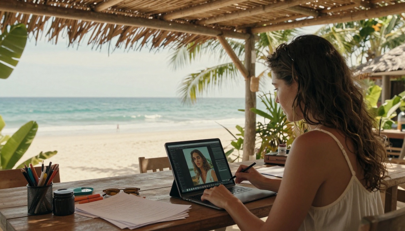 Woman working on tablet at beachside open-air creative workspace with AI generation interface on screen and ocean view