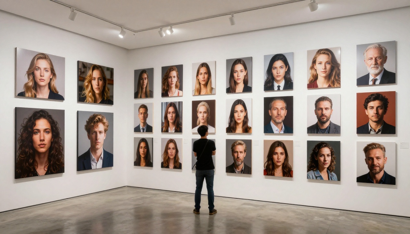 Gallery wall covered in AI-generated portrait photos with a photographer standing before them