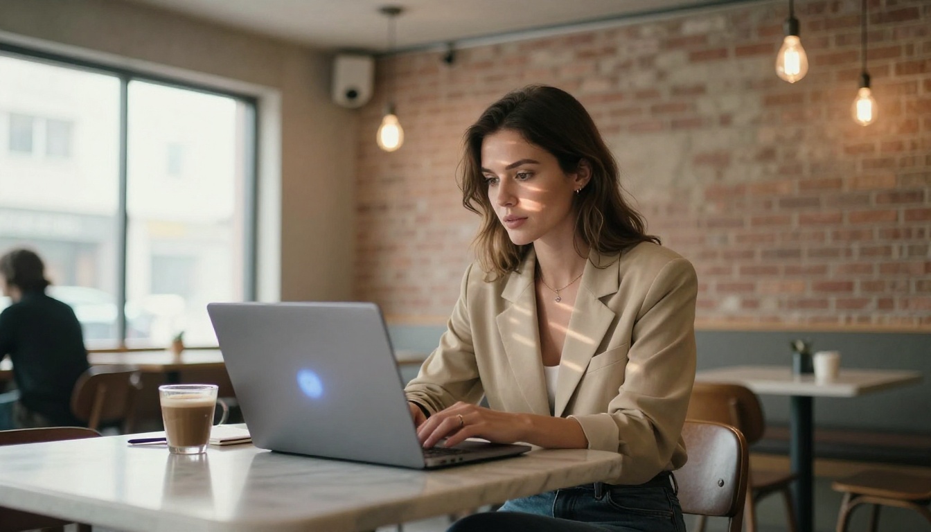 Woman in beige blazer at minimalist coffee shop with laptop, warm Edison bulb ambient light, natural daylight from left Woman in beige blazer at minimalist coffee shop with laptop, warm Edison bulb ambient light, natural daylight from left