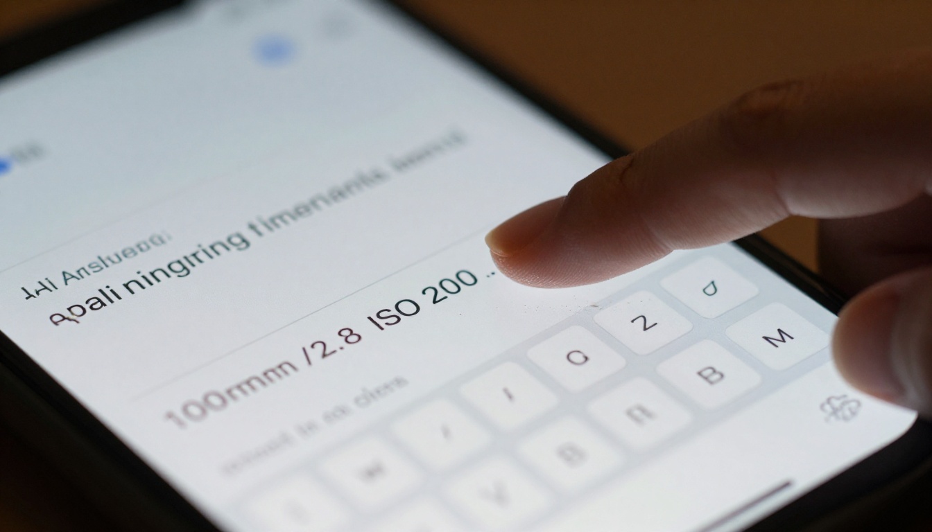 Macro close-up of a smartphone screen with an AI prompt input field and a thumb hovering above the keyboard