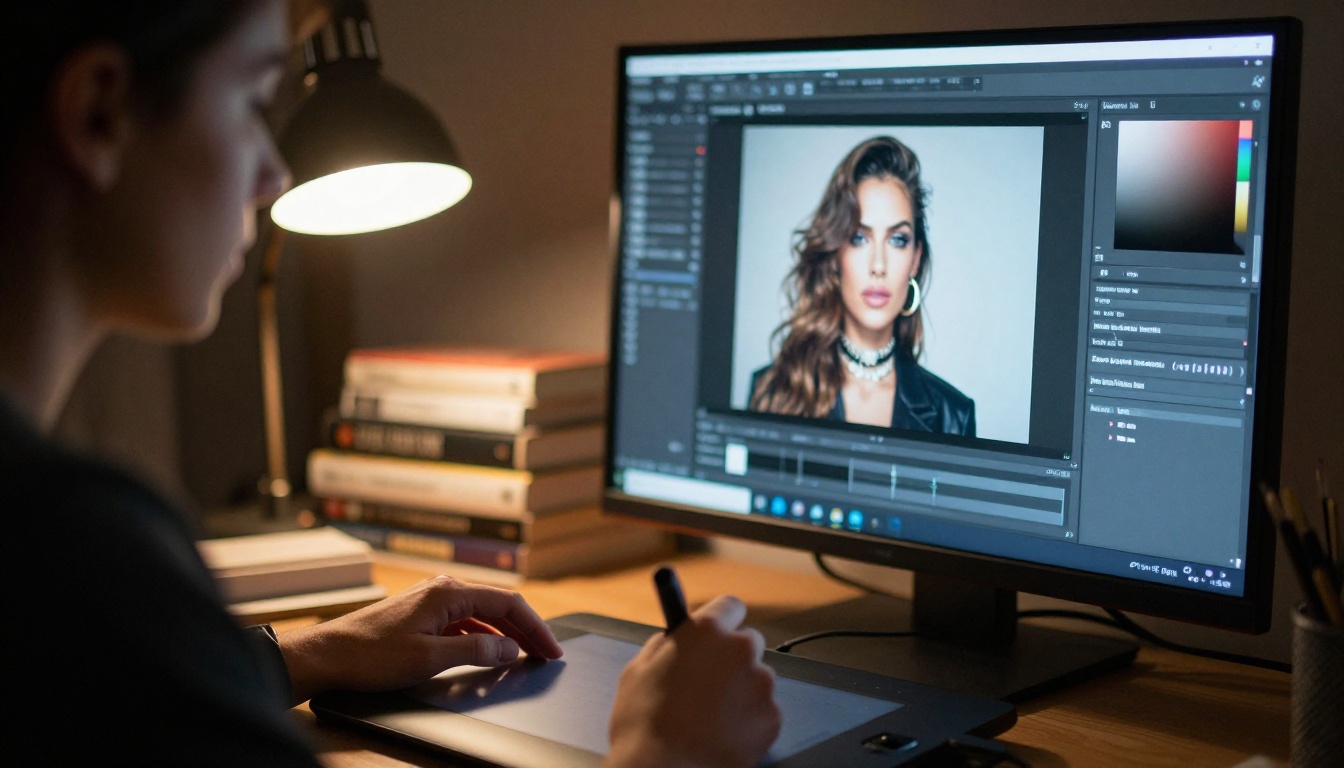 Creative professional using a Wacom drawing tablet to edit an AI portrait on a large monitor
