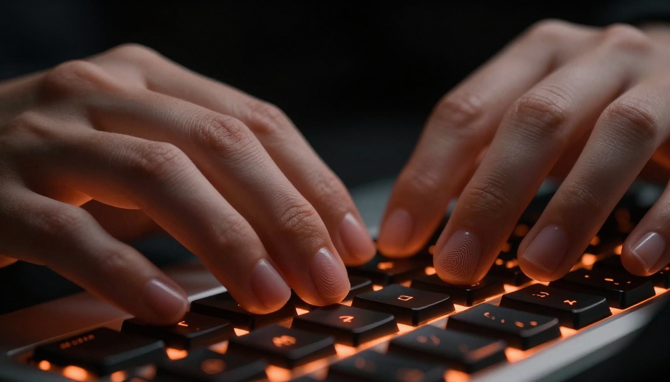 Extreme macro close-up of fingertips on a backlit keyboard with warm orange glow in a dark room