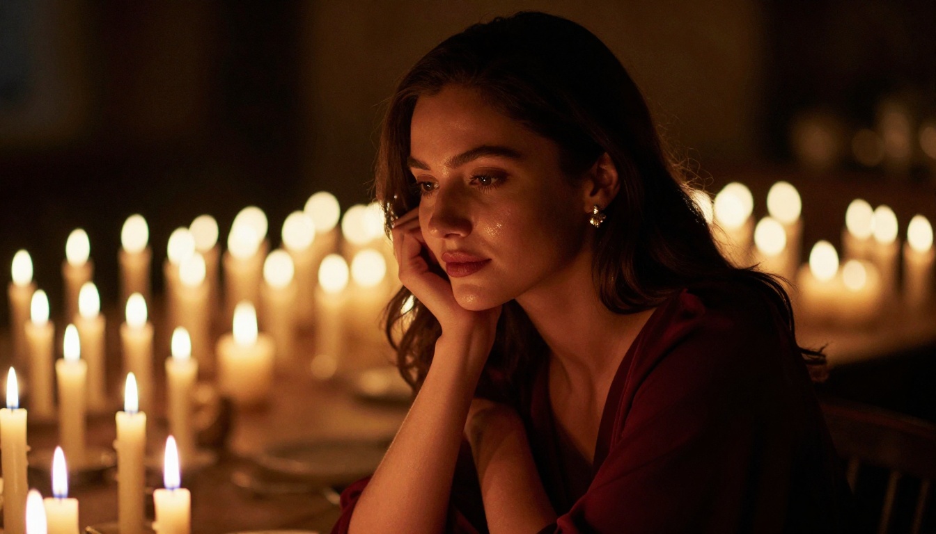 Intimate candlelit portrait of woman at restaurant, dozens of warm golden bokeh candle flames behind her Intimate candlelit portrait of woman at restaurant, dozens of warm golden bokeh candle flames behind her