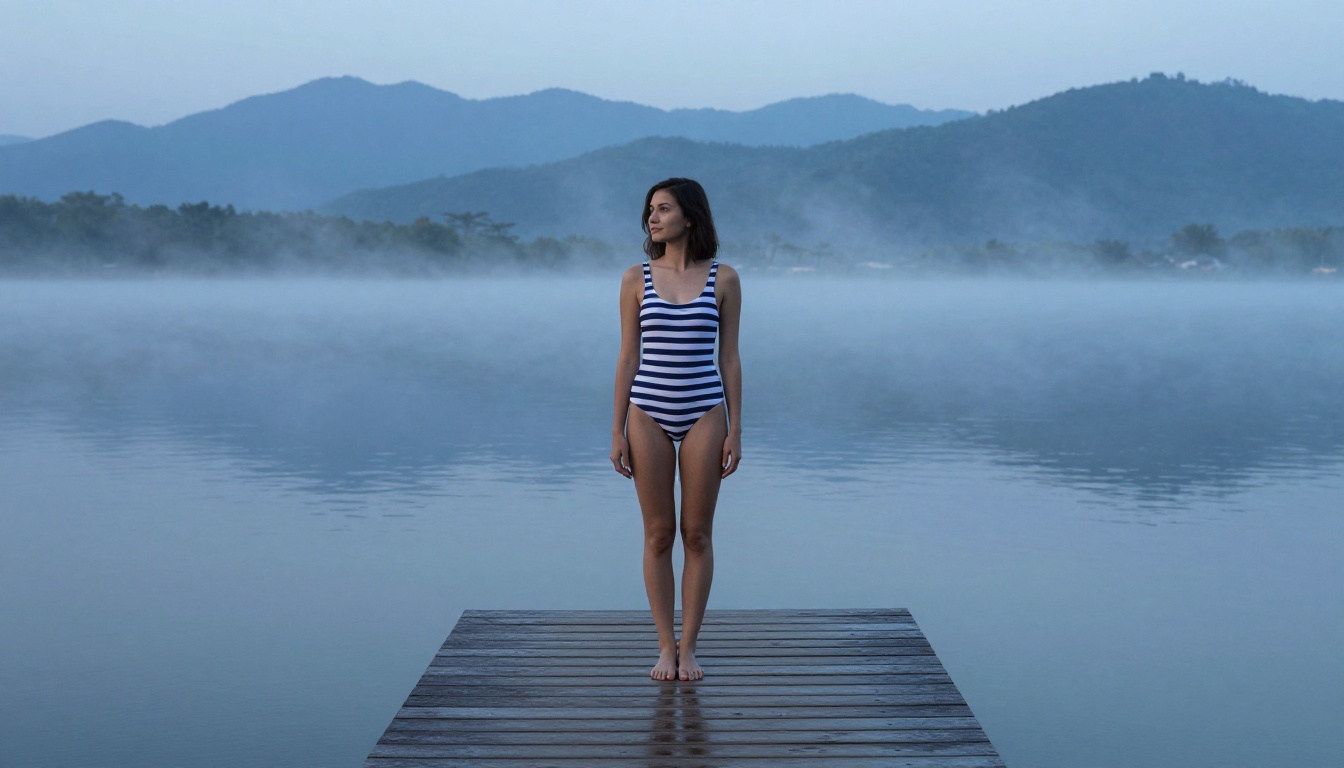 Woman in striped navy swimsuit standing on wooden pier at dawn, mountain lake with rising morning mist Woman in striped navy swimsuit standing on wooden pier at dawn, mountain lake with rising morning mist