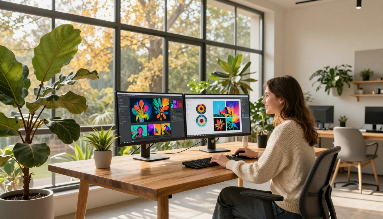 Woman smiling at dual monitors showing AI-generated image results in a modern Scandinavian home office