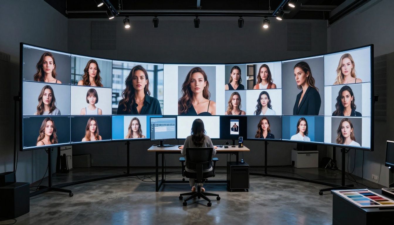 Professional creative studio with multiple monitors showing portrait photos in semicircle arrangement, woman reviewing outputs Professional creative studio with multiple monitors showing portrait photos in semicircle arrangement, woman reviewing outputs