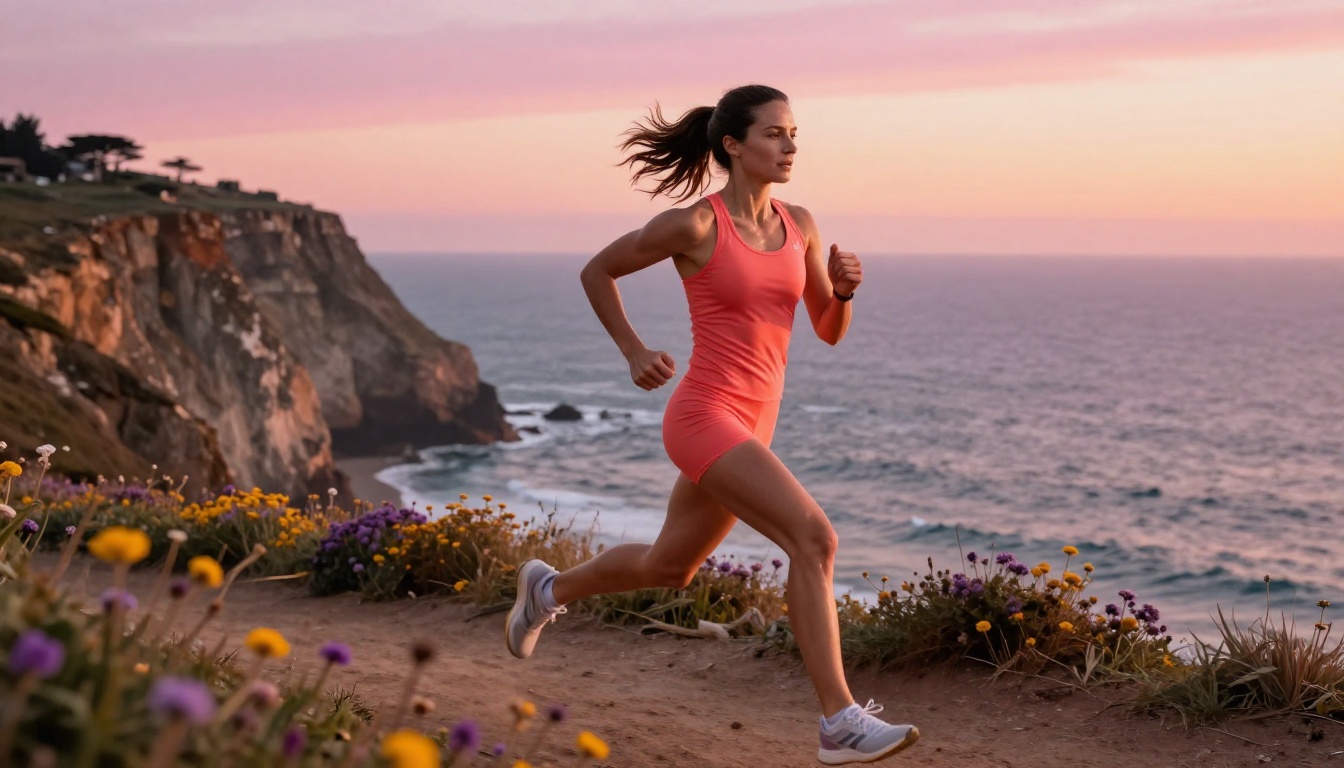 Athletic woman in coral athletic set running along coastal cliff path at sunrise, Atlantic ocean in background Athletic woman in coral athletic set running along coastal cliff path at sunrise, Atlantic ocean in background