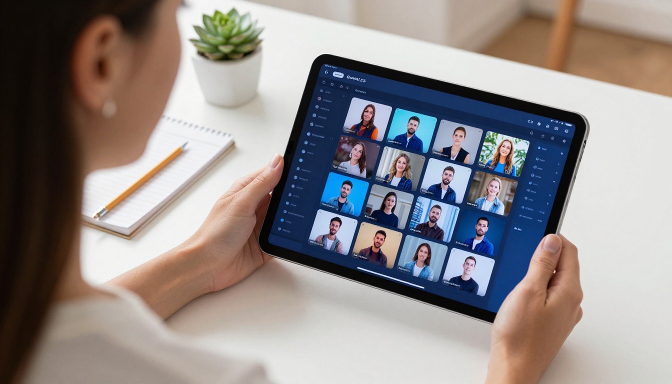 Over-the-shoulder view of woman holding iPad with AI image generation grid interface glowing on screen Over-the-shoulder view of woman holding iPad with AI image generation grid interface glowing on screen