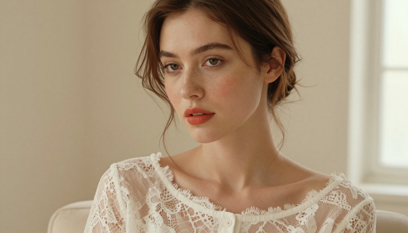 Confident woman in white lace blouse, studio portrait with warm Rembrandt lighting