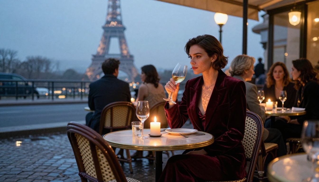 Woman in deep burgundy velvet blazer at candlelit Parisian restaurant, Eiffel Tower visible through evening haze