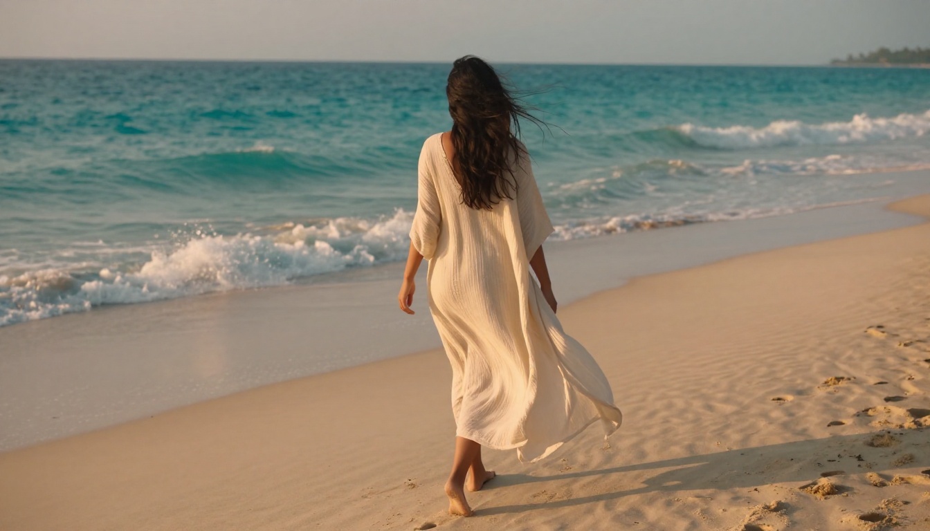 Woman walking along tropical beach at sunrise in flowing cream woven cover-up