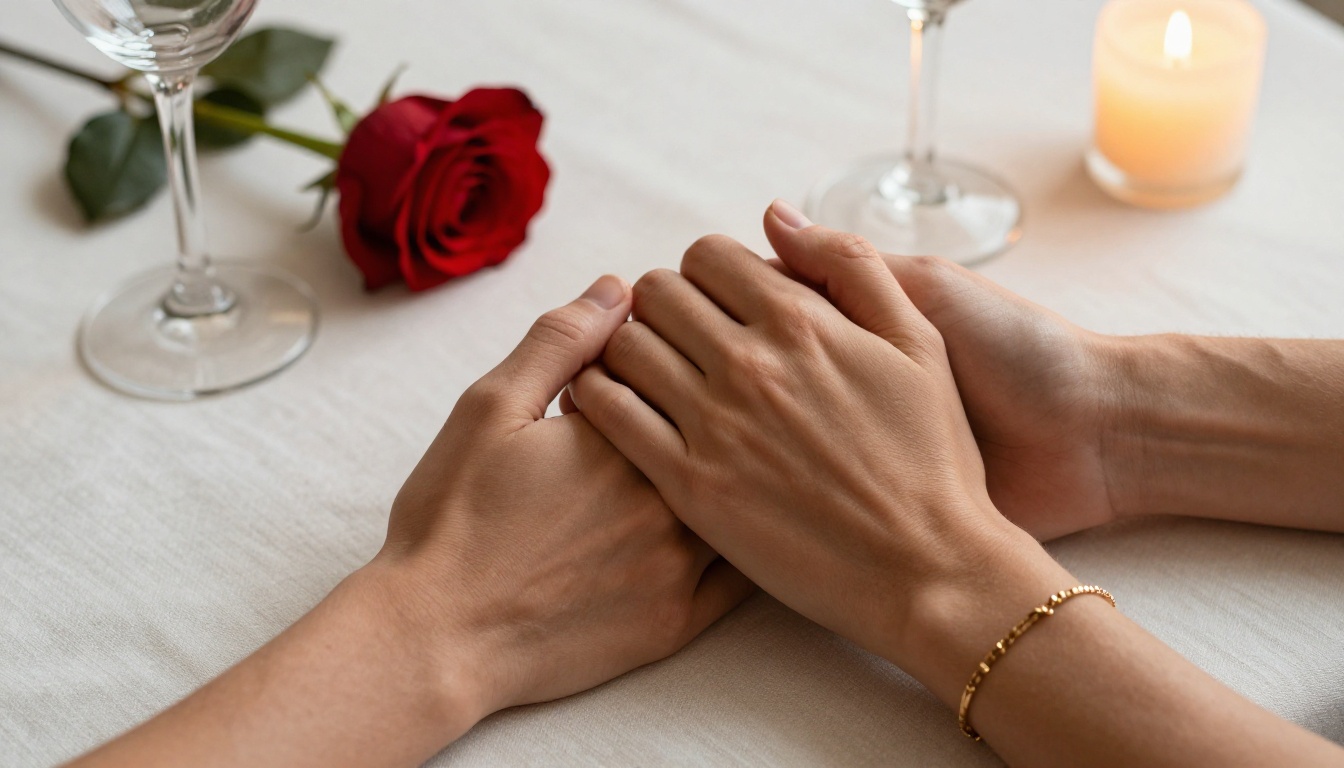 Romantic hands clasped on white linen tablecloth, golden candlelight on skin texture, red rose and wine glass in background