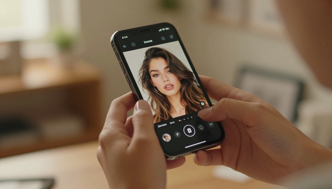 Hands holding phone with AI-generated portrait