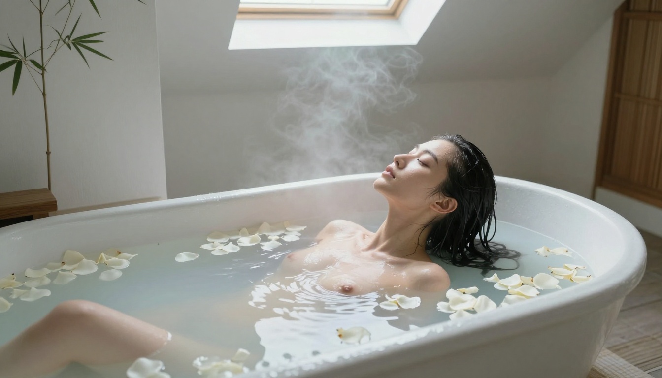 Woman implied nude in soaking tub with floating rose petals and steam