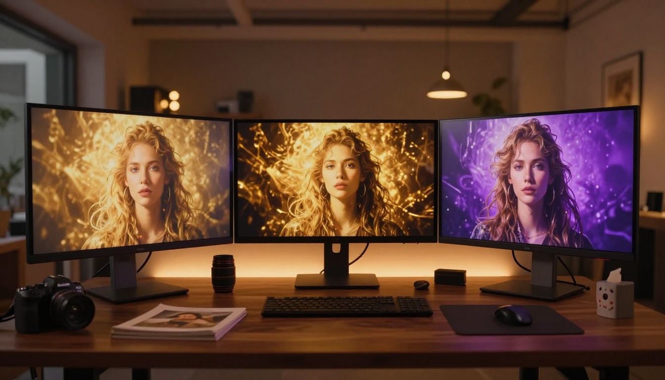 Three curved monitors displaying AI-generated portraits