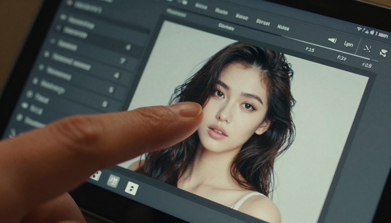 Fingertip touching tablet screen with AI portrait