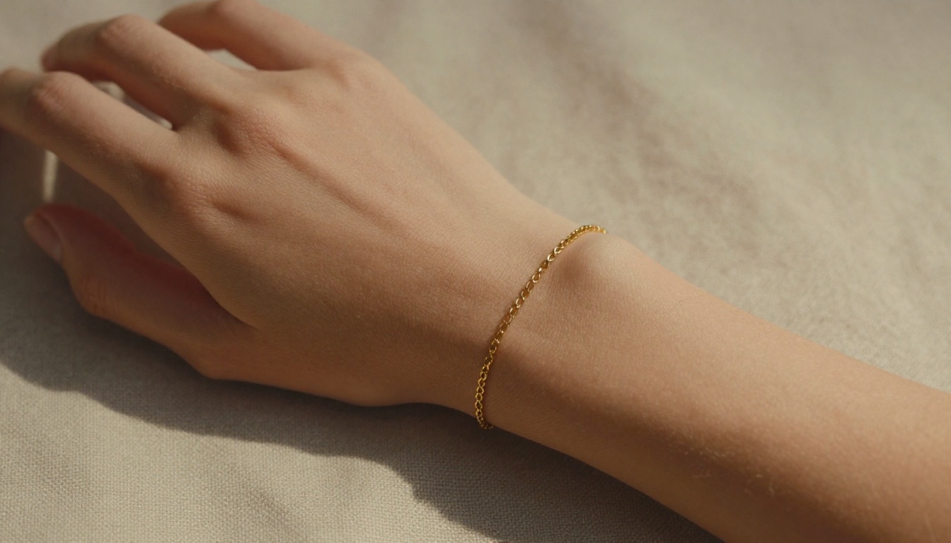 Close-up detail of woman's hand and gold bracelet against tanned hip skin