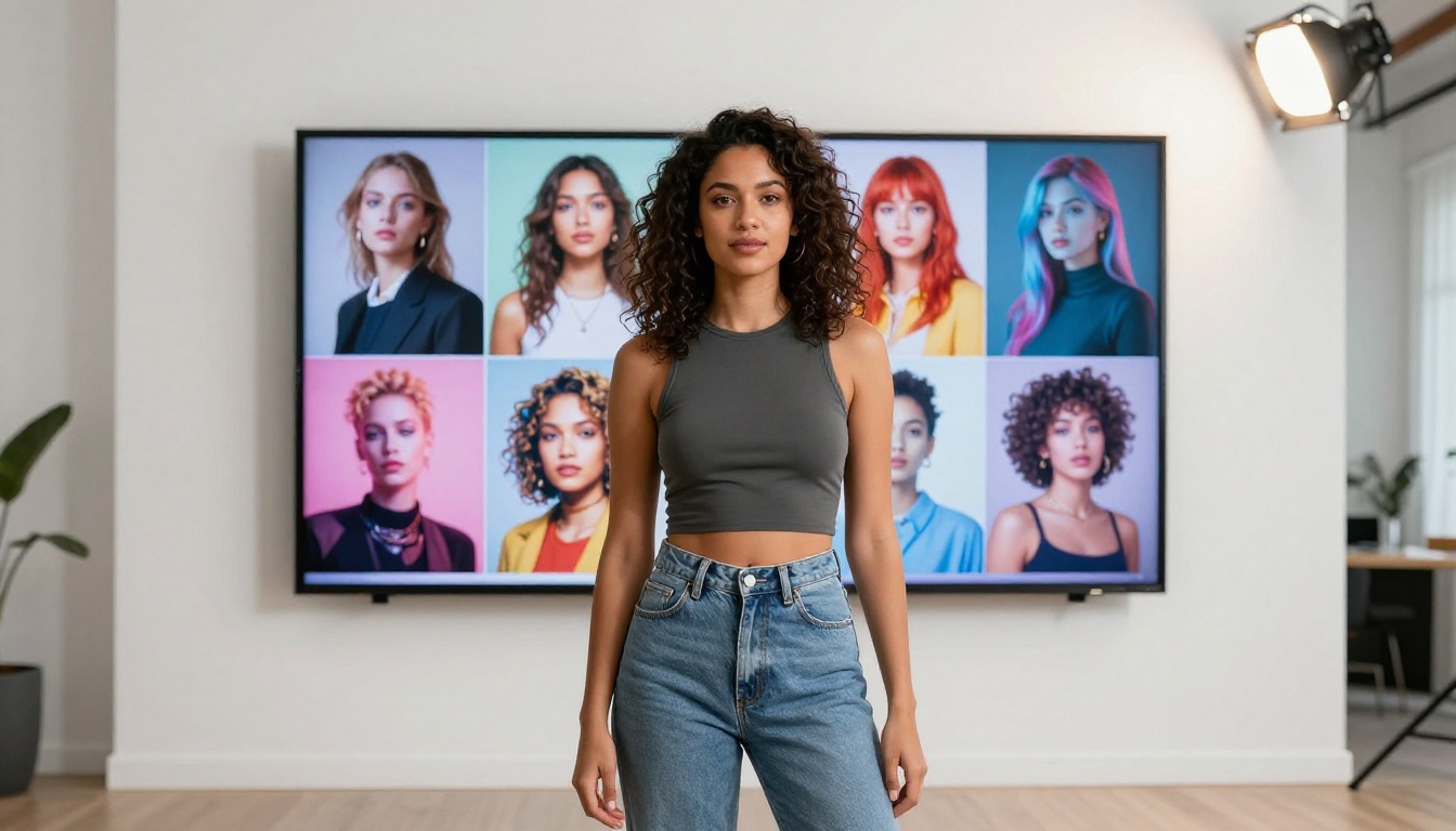 Woman standing in front of AI gallery display Woman standing in front of AI gallery display