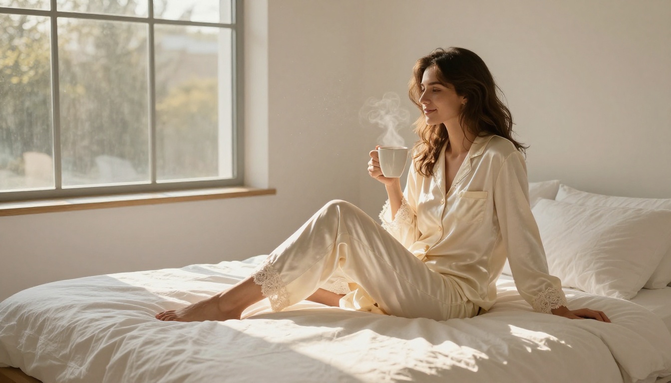Woman in cream silk pajamas in Scandinavian bedroom, morning coffee, rectangular light patches from tall windows