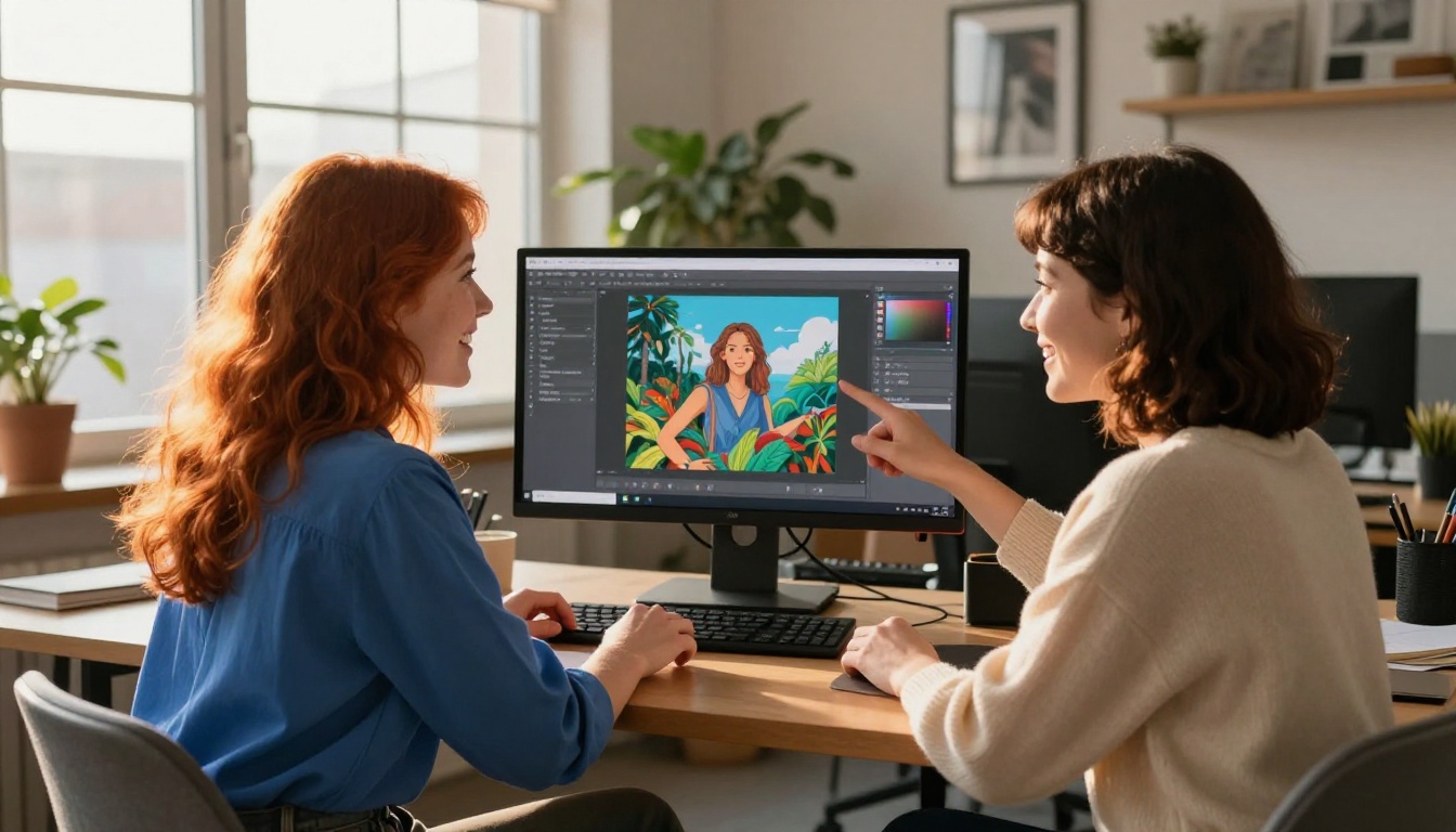 Two women collaborating at a creative workstation Two women collaborating at a creative workstation