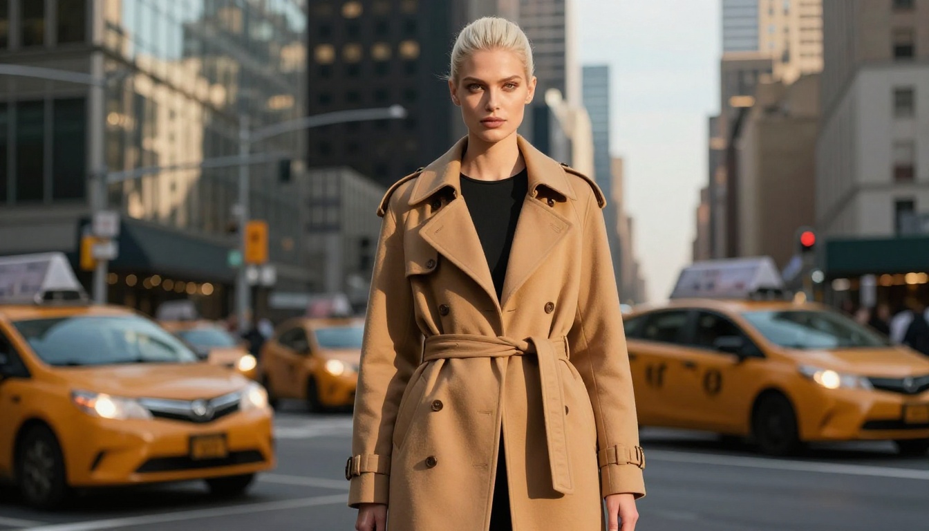 Woman in platinum blonde hair and camel trench coat, Manhattan street corner at golden hour, compressed skyline