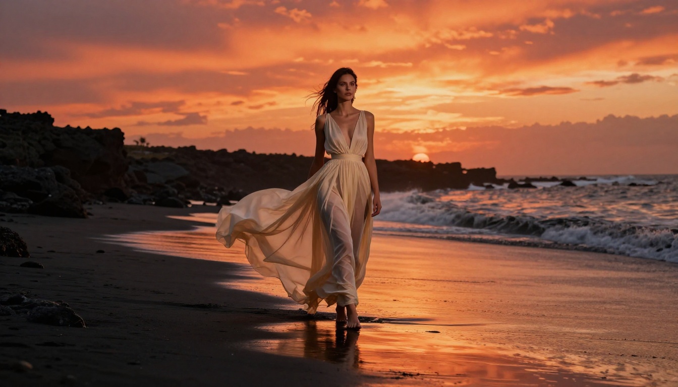 Woman in sheer cream organza dress walking along black volcanic beach at sunset