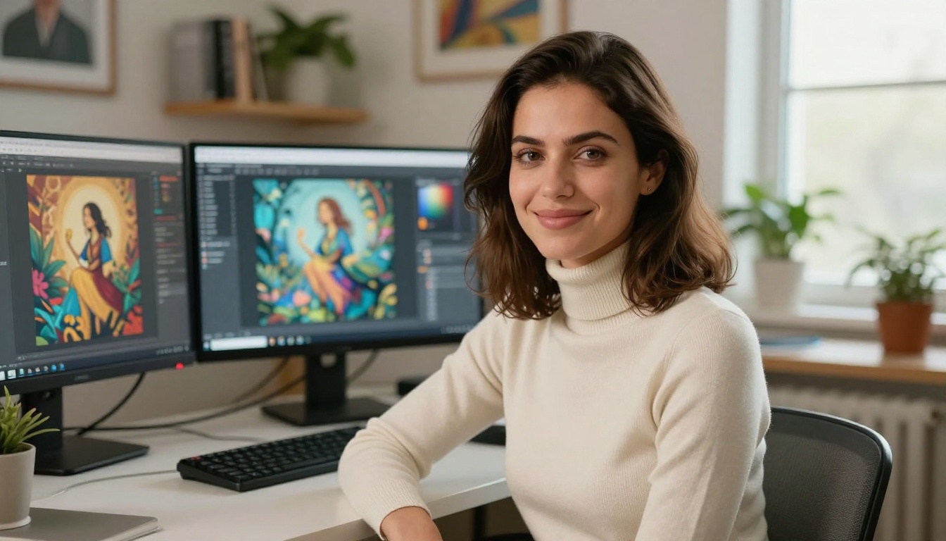Confident woman at workstation with direct warm smile Confident woman at workstation with direct warm smile