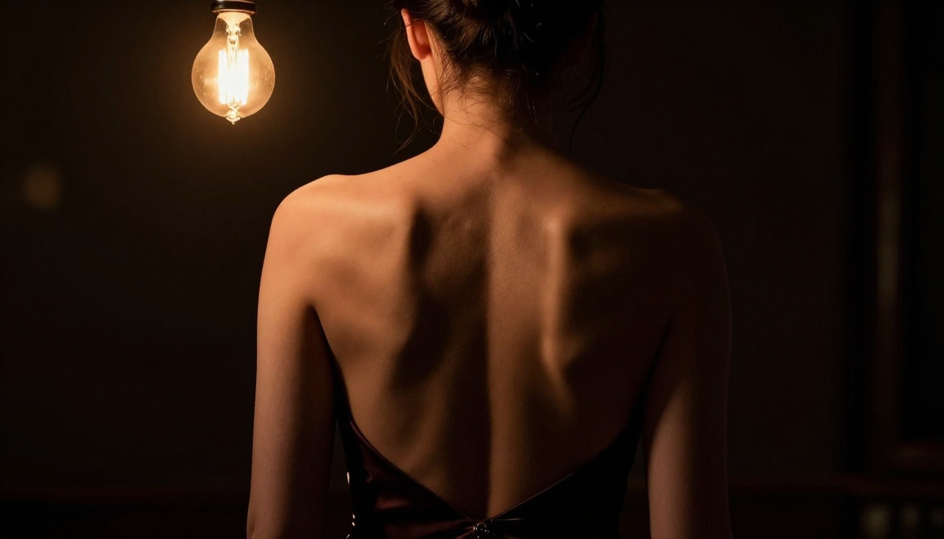 Dramatic shoulder and back portrait of woman in deep V-back gown lit by Edison bulb chandelier