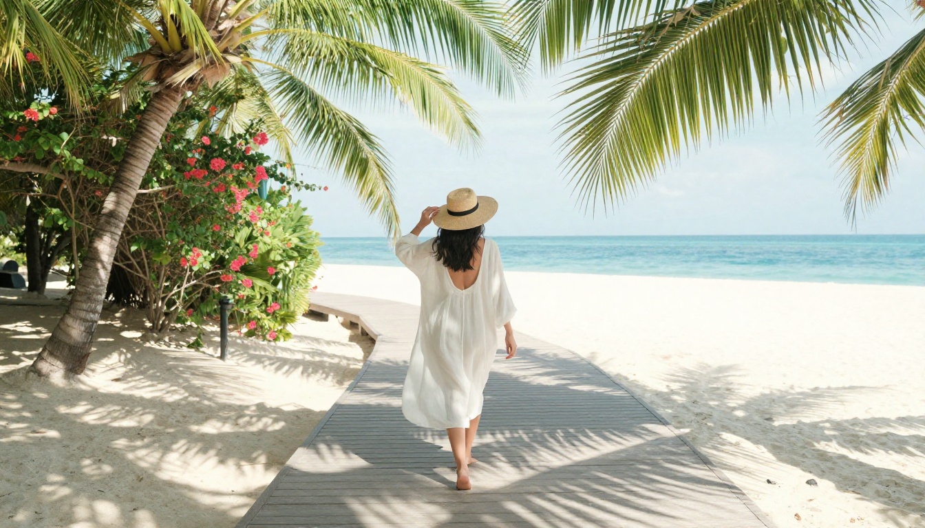 Woman in white beach coverup walking along tropical boardwalk lined with flowering bougainvillea