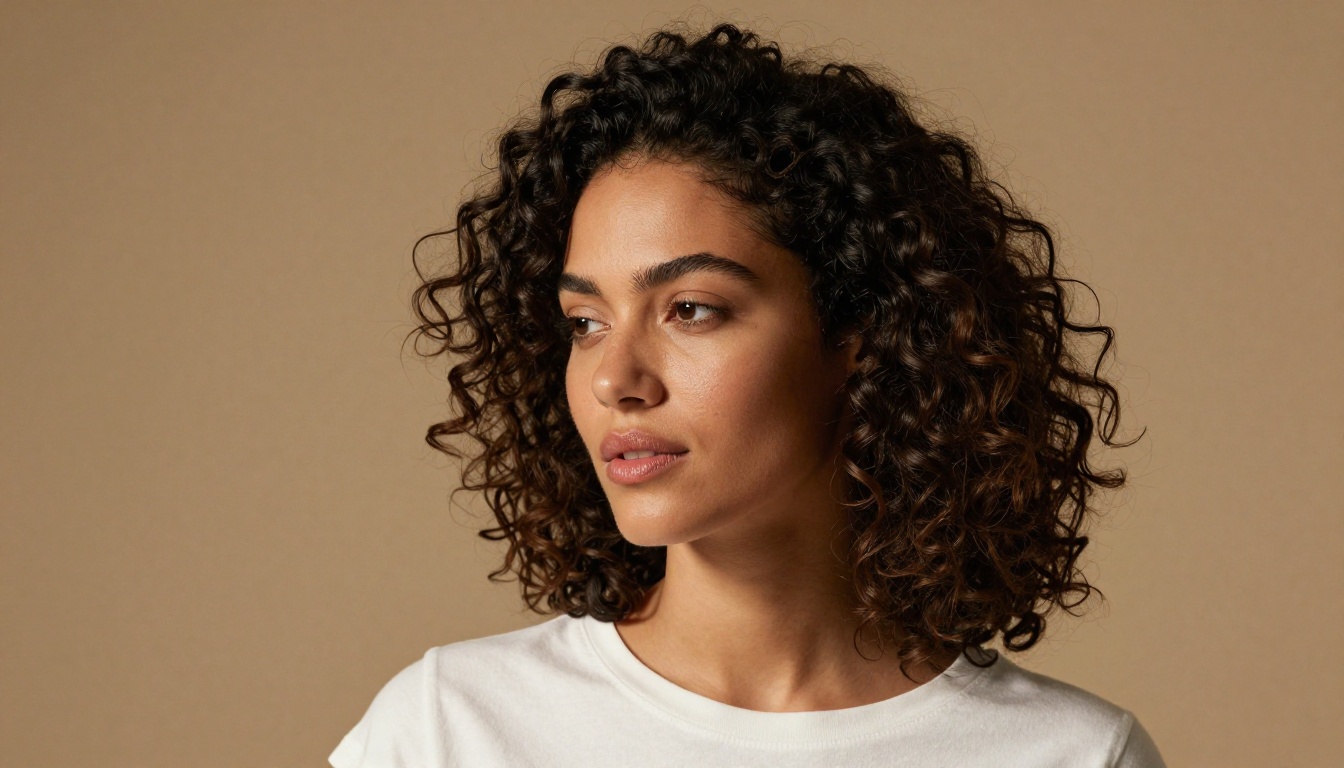 Beauty portrait of woman with dark curly hair against warm ochre plaster wall with Rembrandt lighting