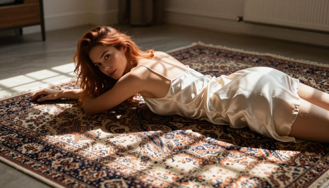 Woman in ivory silk camisole lying on vintage Persian rug in sun-flooded loft, afternoon geometric shadows
