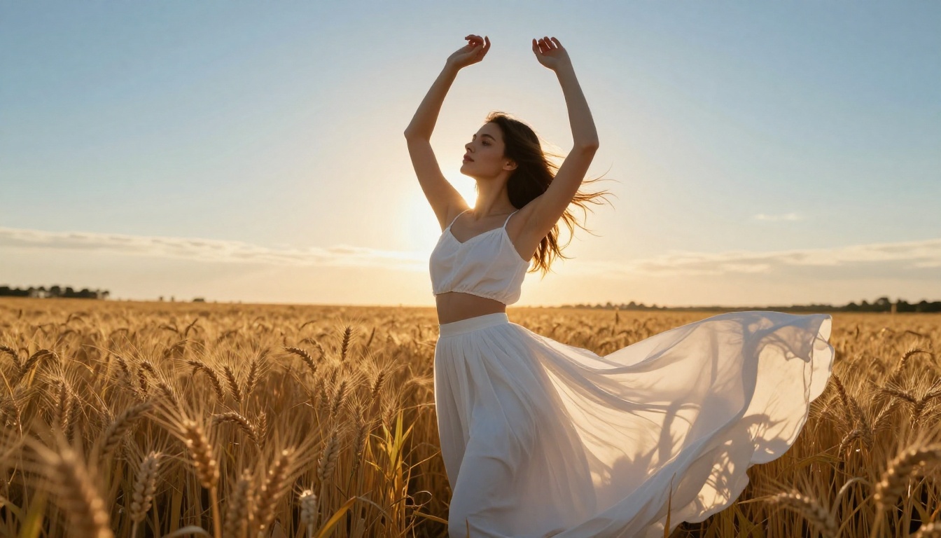 Woman standing in golden wheat field at sunset, white dress catching full-body backlight halo, arms raised