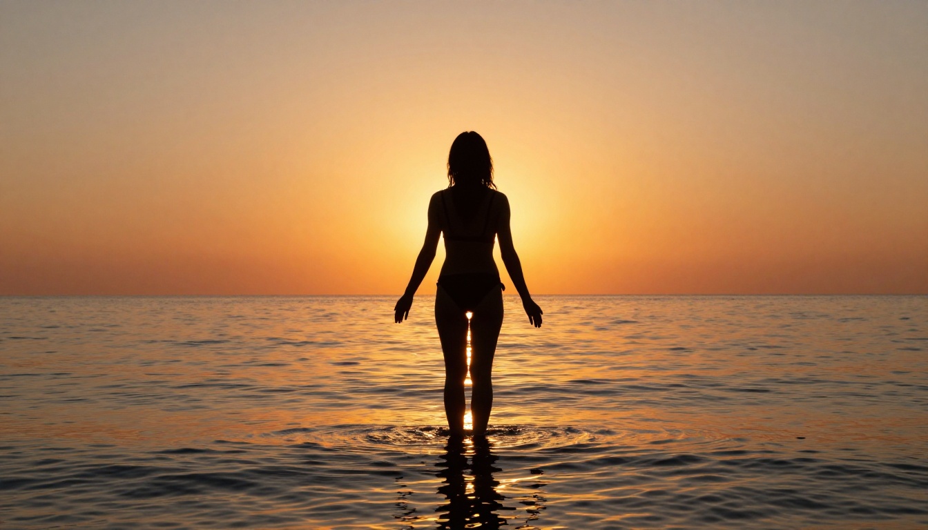 Silhouette of woman in swimsuit against blazing ocean sunset with fire-colored water reflections