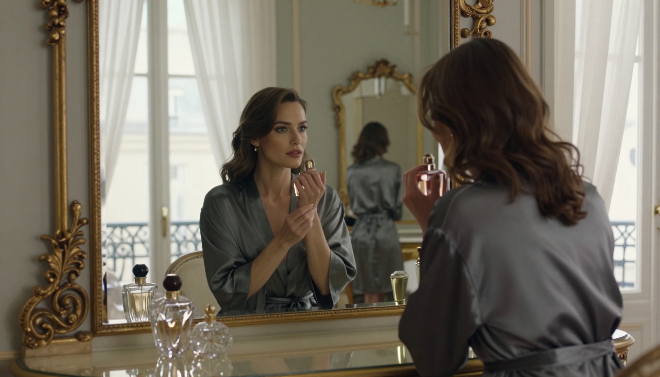 Woman in spa robe at Parisian vanity mirror applying perfume, art deco details, morning light