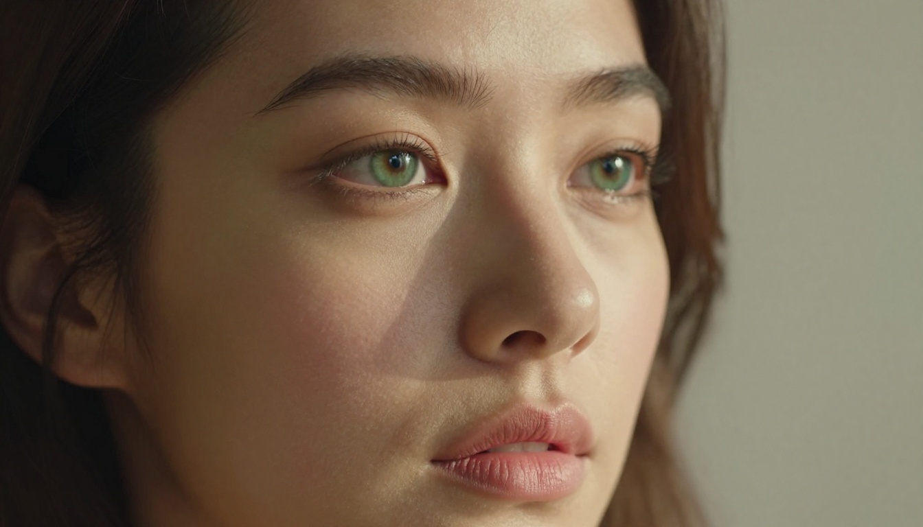 Breathtaking close-up portrait, jade green eyes, diffused window light, pore-level skin detail