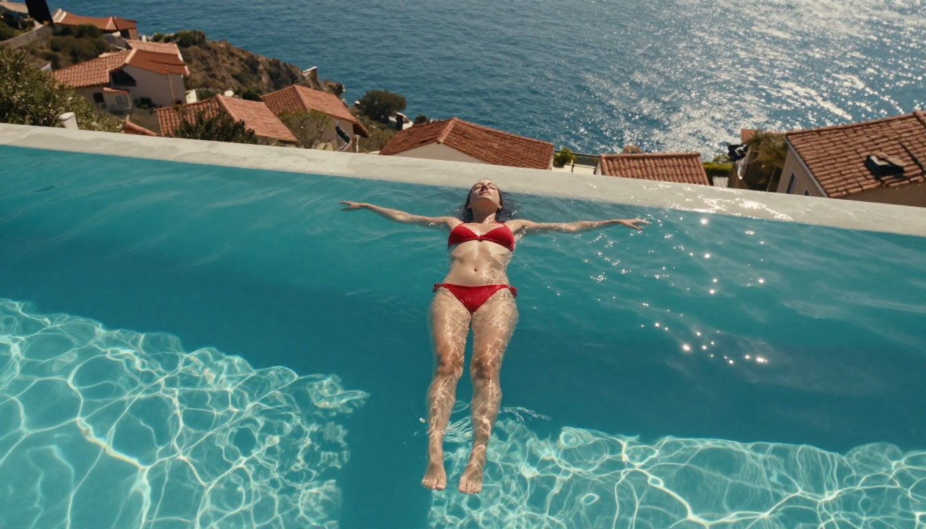 Aerial view of woman in red bikini floating in Mediterranean infinity pool, caustic light patterns dancing on skin