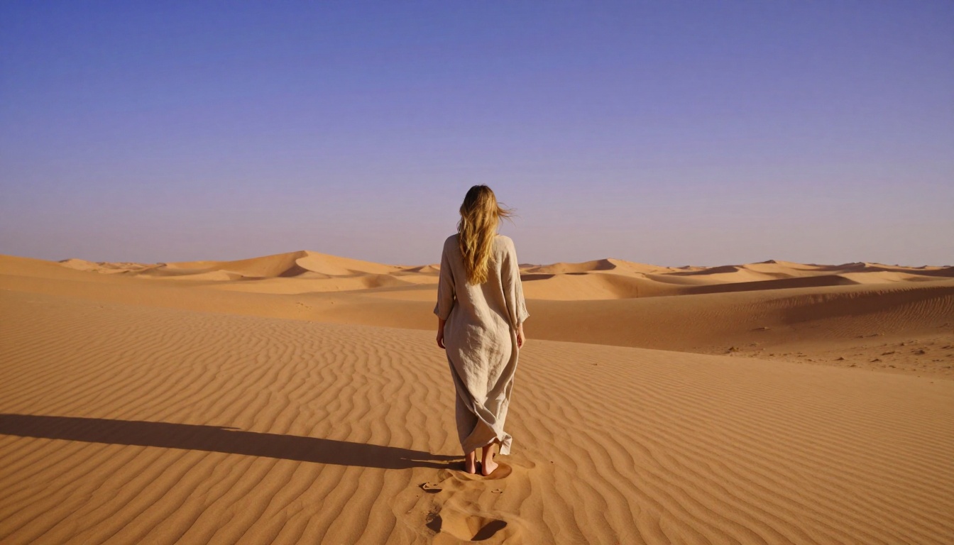 Woman with long blonde hair facing vast Saharan dunes at dawn, linen tunic caught by dry morning wind, long shadows across rippled sand