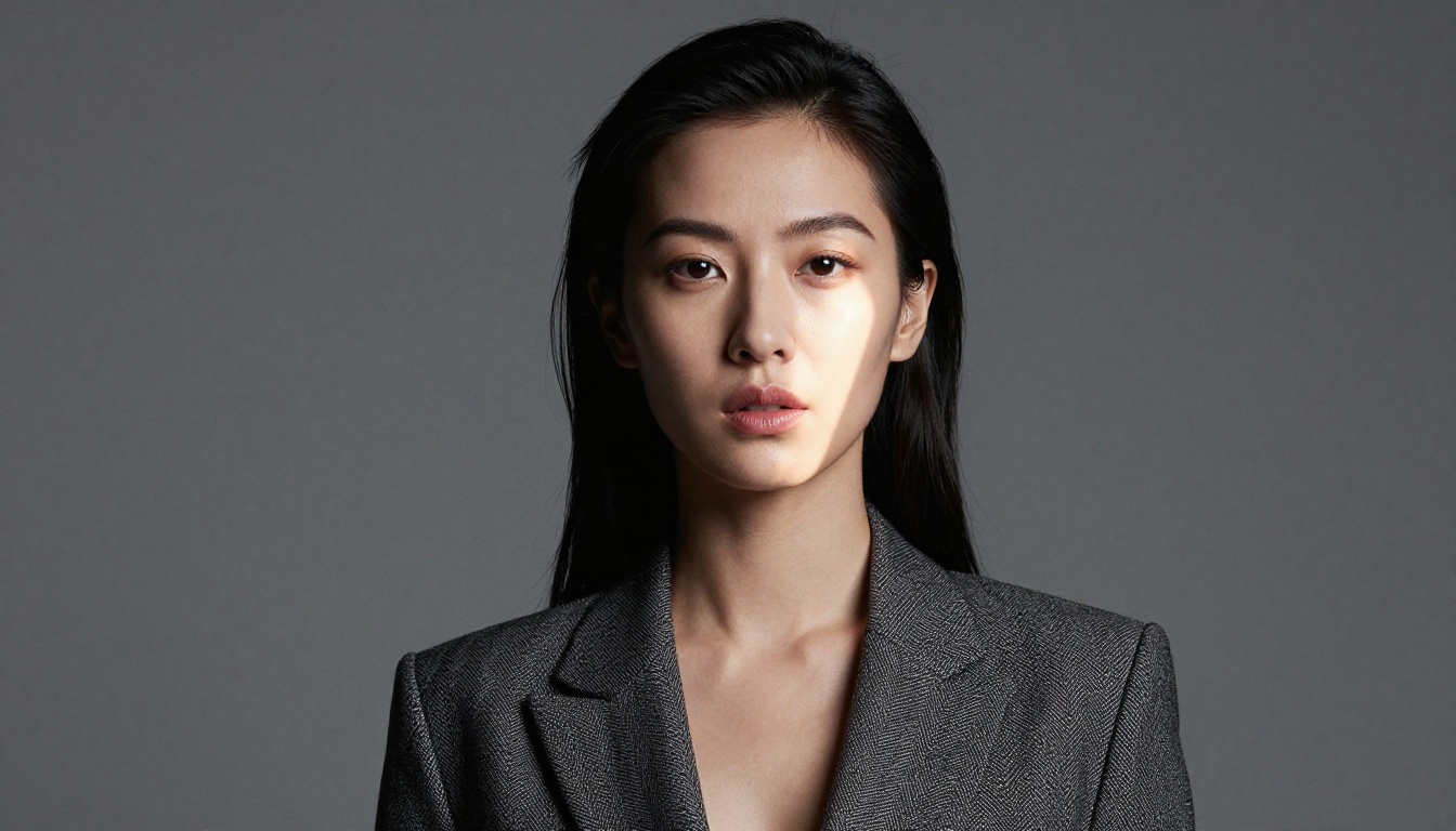 Dramatically lit studio portrait, woman in structured blazer, Rembrandt light from upper left, bold and direct expression