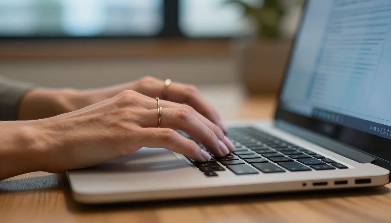 Woman's manicured hands typing at a sleek laptop, soft blue screen glow, blurred cityscape through window