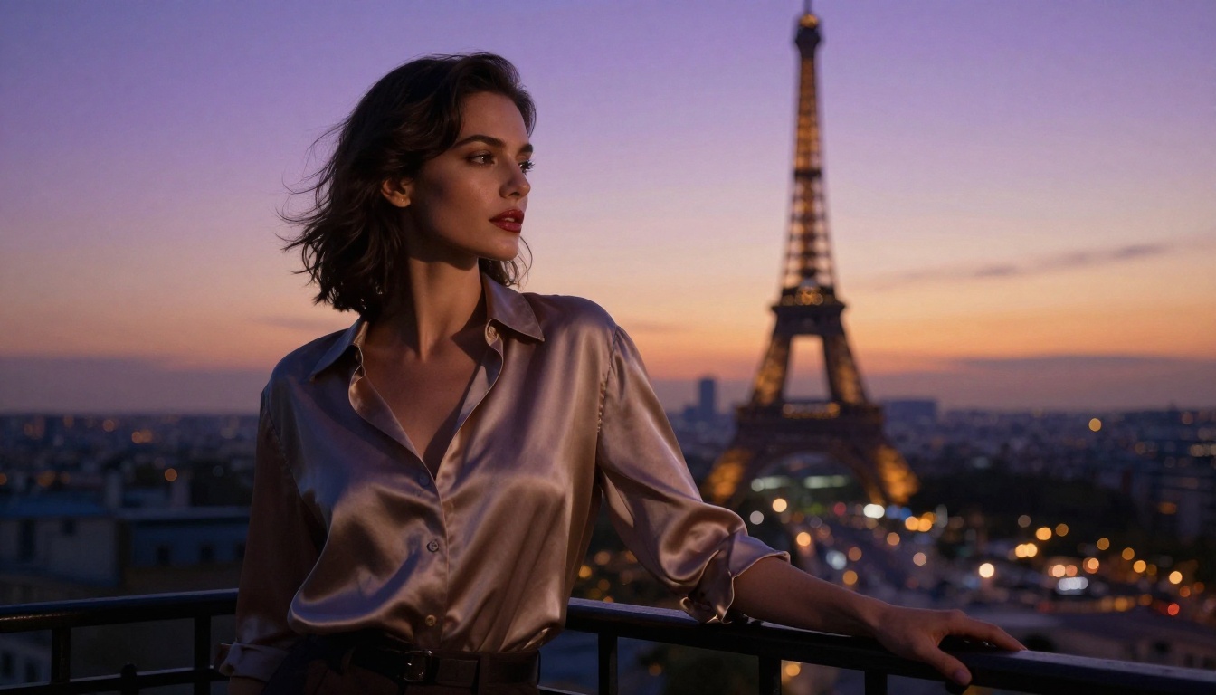 Dramatic dusk portrait of a woman on a Parisian balcony, Eiffel Tower softly lit behind her, sky deep violet fading to warm amber at the horizon