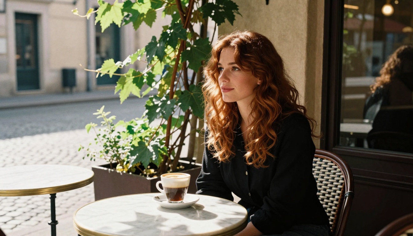 Woman with wavy auburn hair seated at an outdoor European marble cafe table, afternoon light dappling through vine leaves overhead
