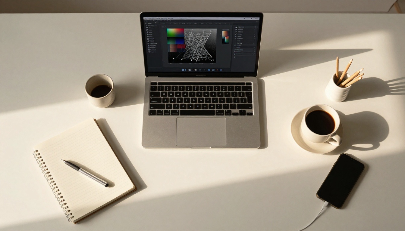 Overhead flat-lay of minimalist creative desk, laptop showing a digital art interface, warm morning window light casting long soft shadows