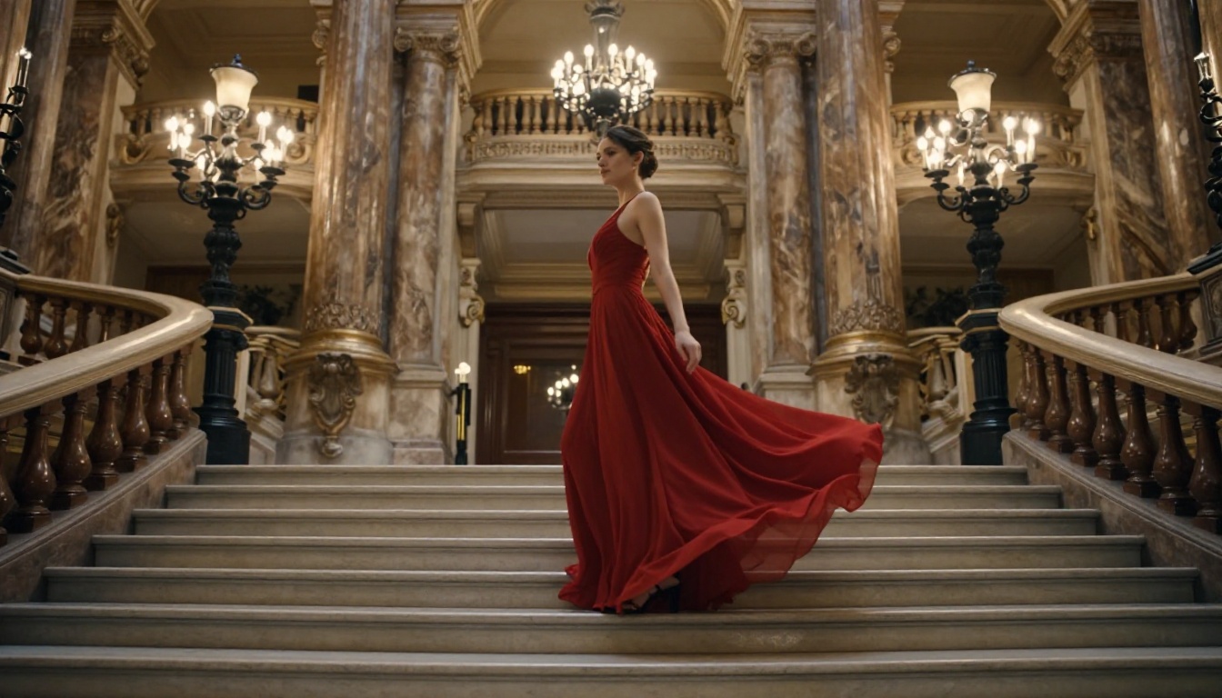 Dynamic low-angle view of a woman in a flowing red evening gown at the top of marble opera house steps, chandelier light cascading behind her