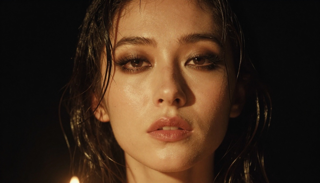 Moody candlelit close-up portrait, smoky eye makeup, wet-look hair, dramatic amber light from below casting upward shadows